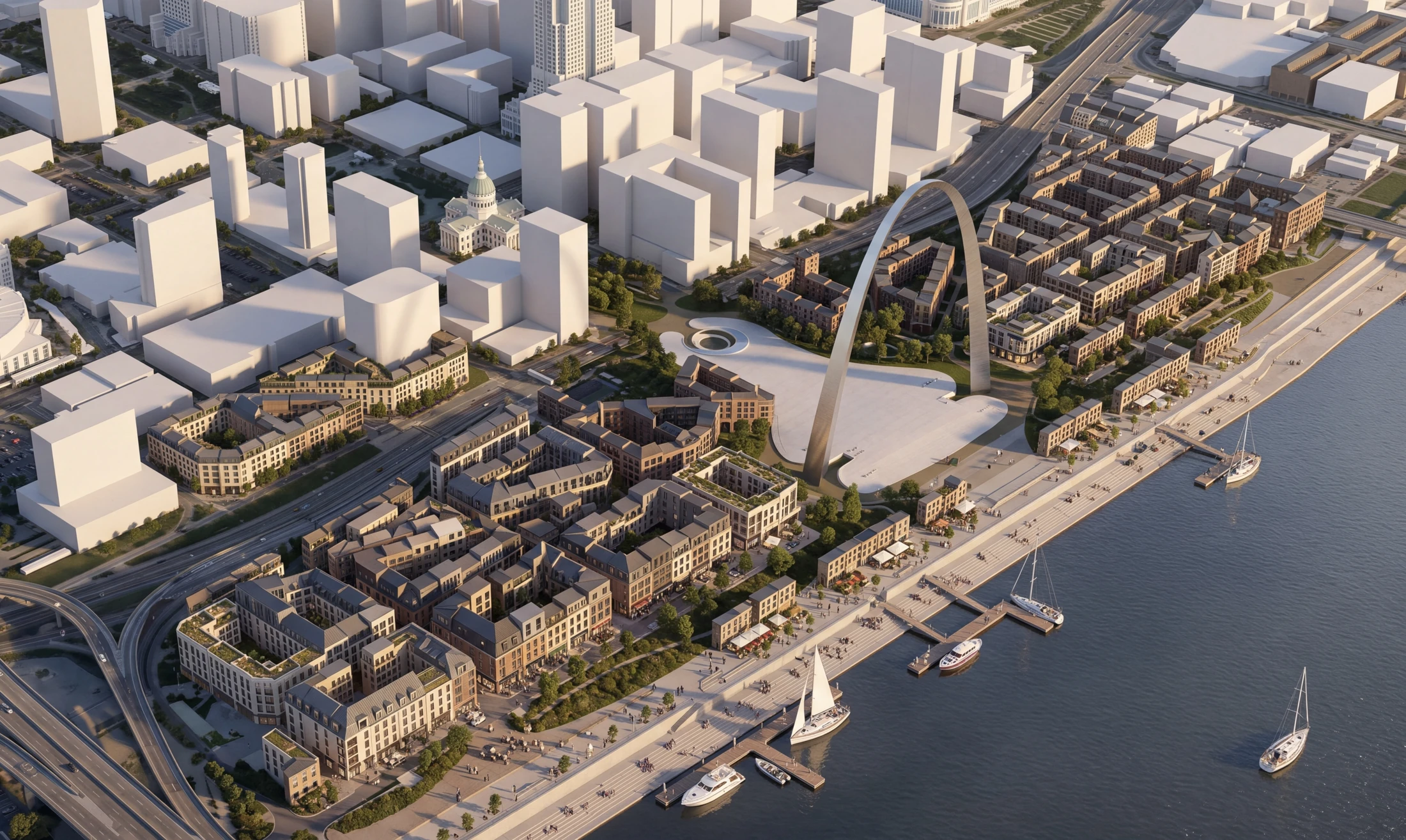 Speculative aerial view of a mixed-use courtyard neighborhood around the Gateway Arch, with apartment blocks, public spaces and an active Mississippi riverfront.