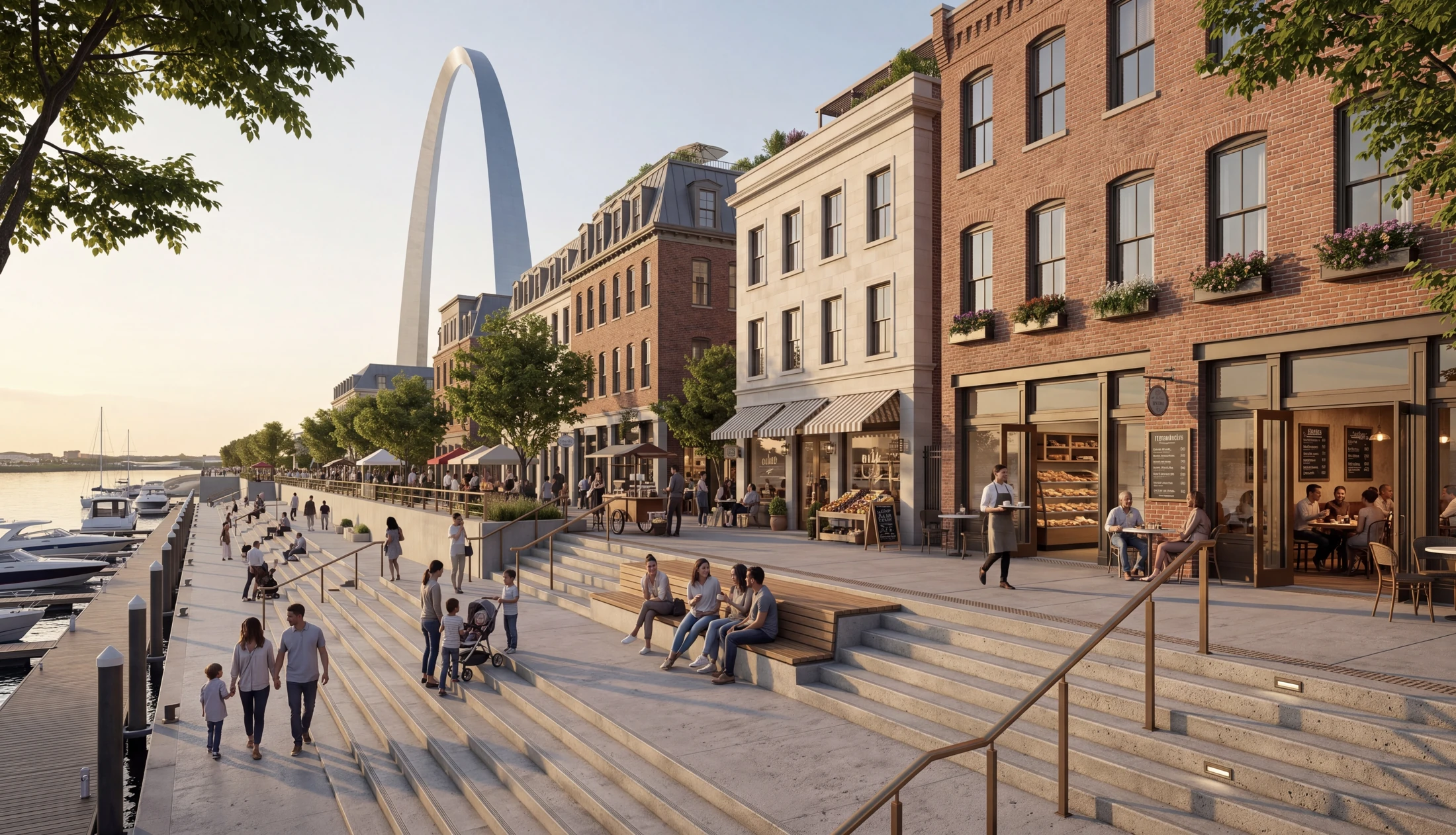 Street-level concept view of pedestrians, planted public steps and masonry buildings along the riverfront, with the Gateway Arch beyond.