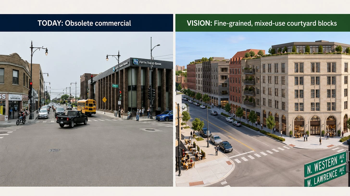 Side-by-side comparison of the existing Western and Lawrence bank corner and its mixed-use courtyard redevelopment concept.