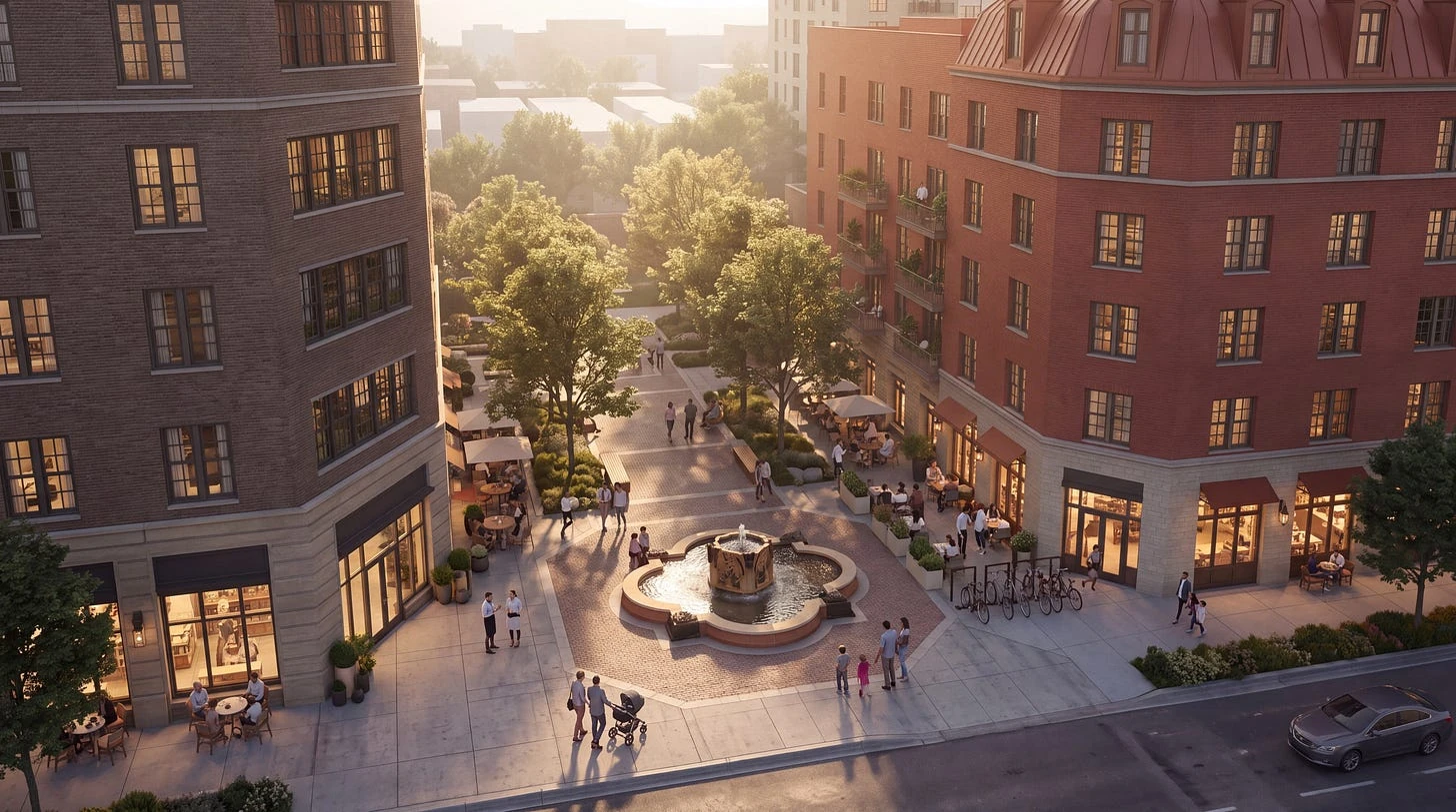 Street opening into a fountain plaza framed by brick apartment buildings and outdoor restaurant tables.