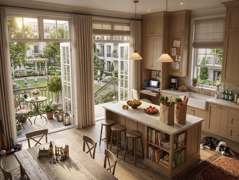 Sunlit family kitchen and dining room opening onto a balcony overlooking a green shared courtyard, with children playing among the trees.