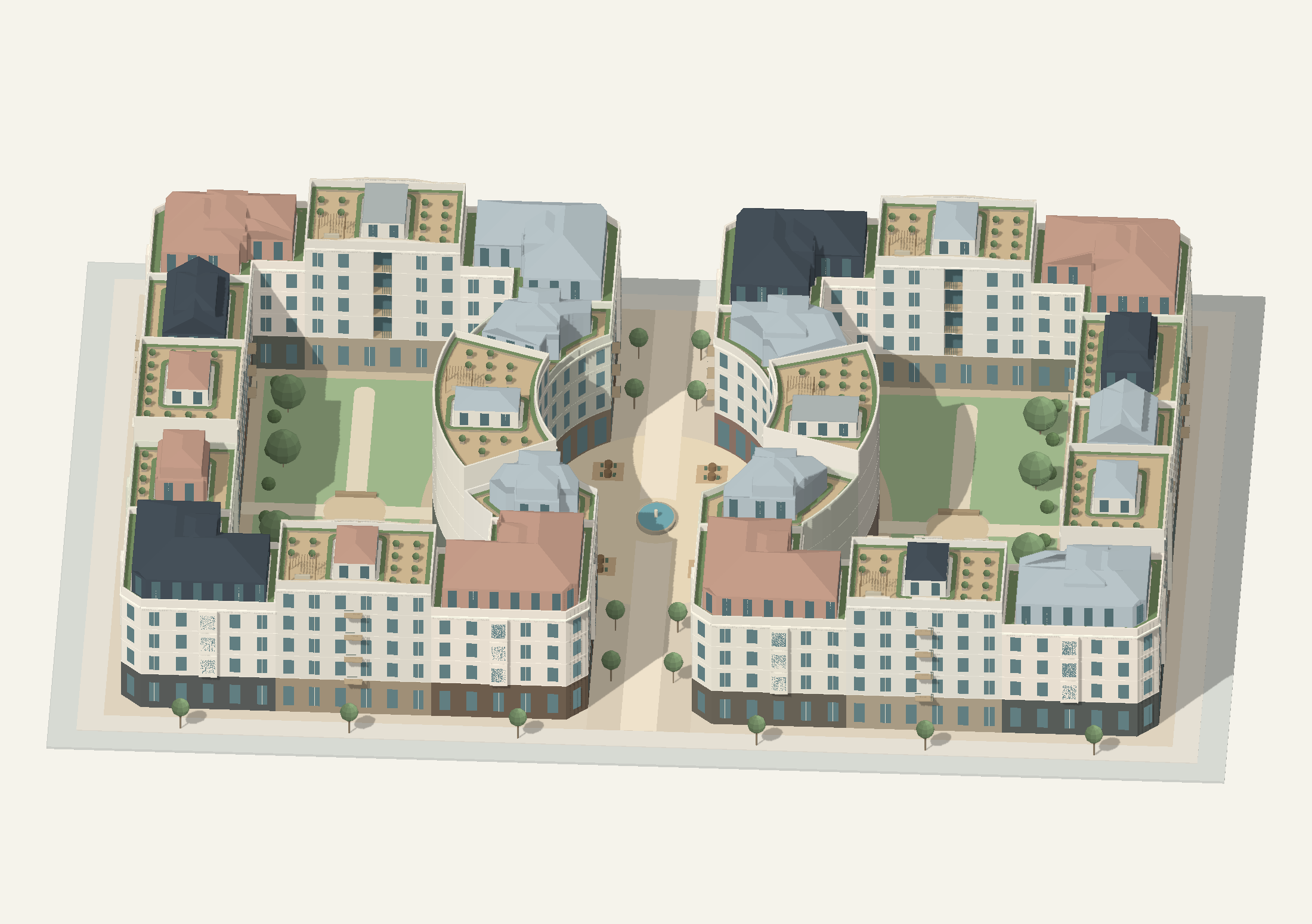 Mission Bay GIS-informed courtyard massing study, with two courtyard gardens and a central piazza.