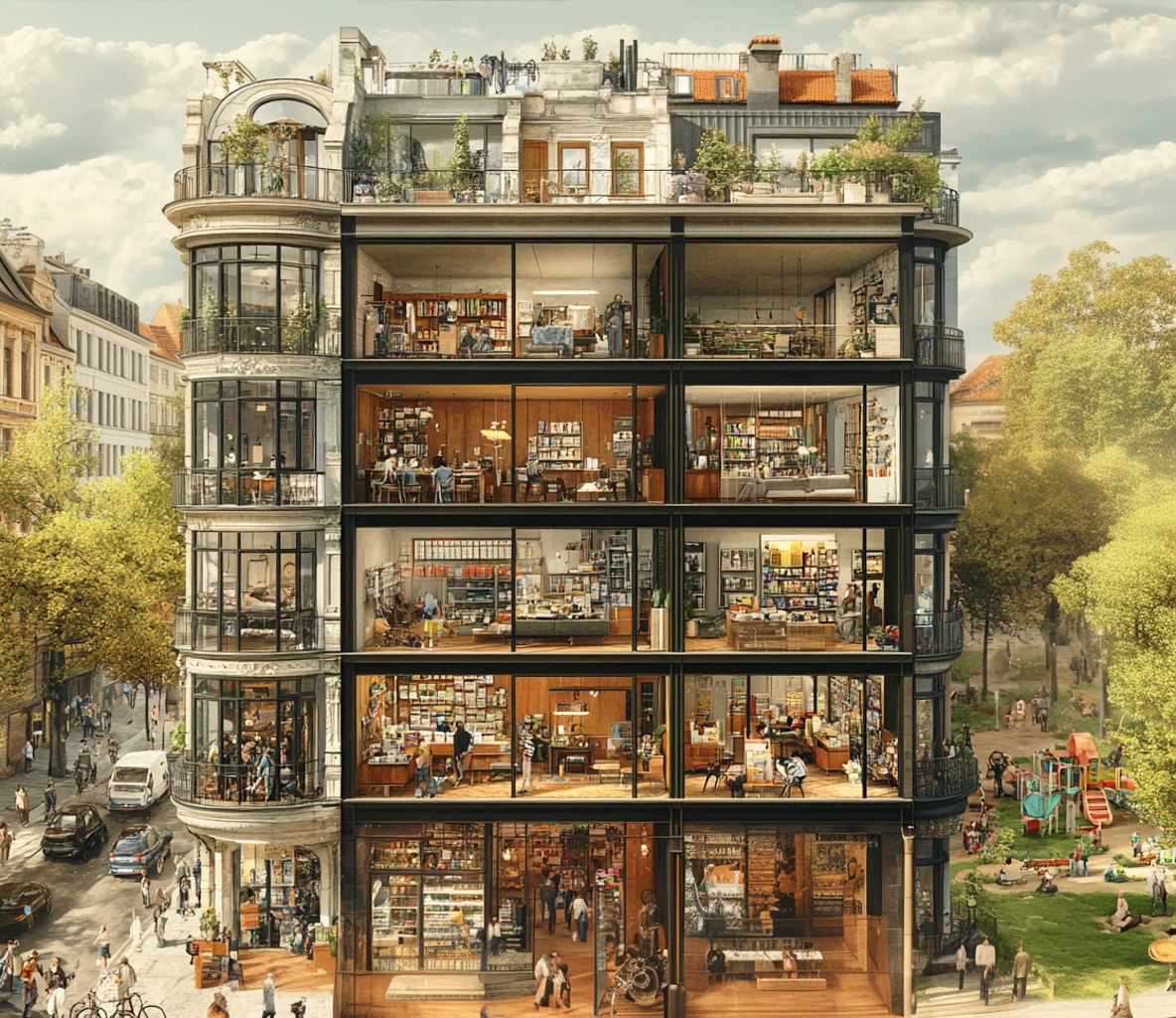 Illustrated cutaway of a city building filled with bookshelves and reading rooms, with rooftop terraces, street-level shops and a leafy park alongside.